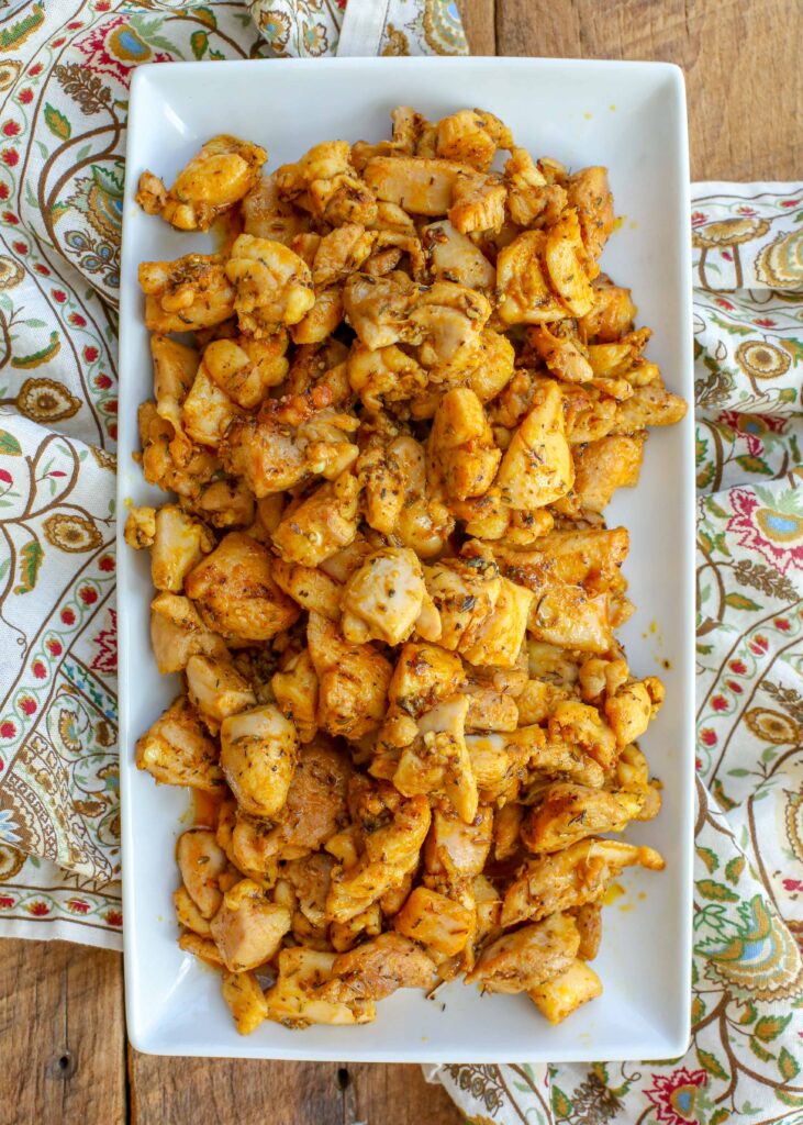 overhead shot of chicken bits on platter