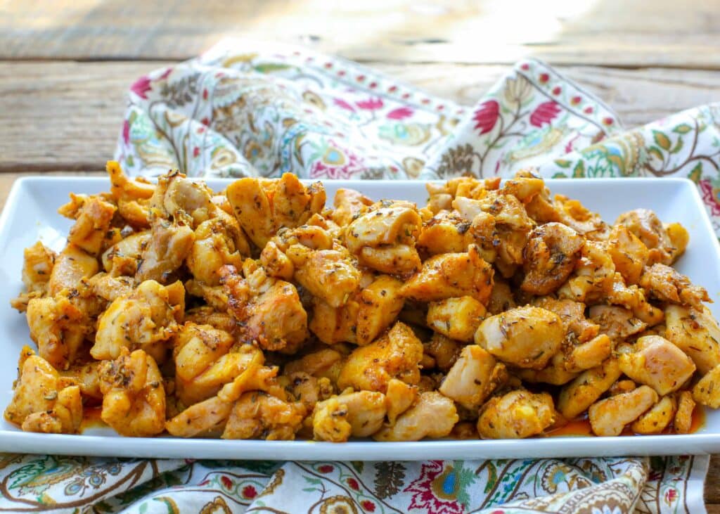 bite-size pieces of chicken on rectangular platter