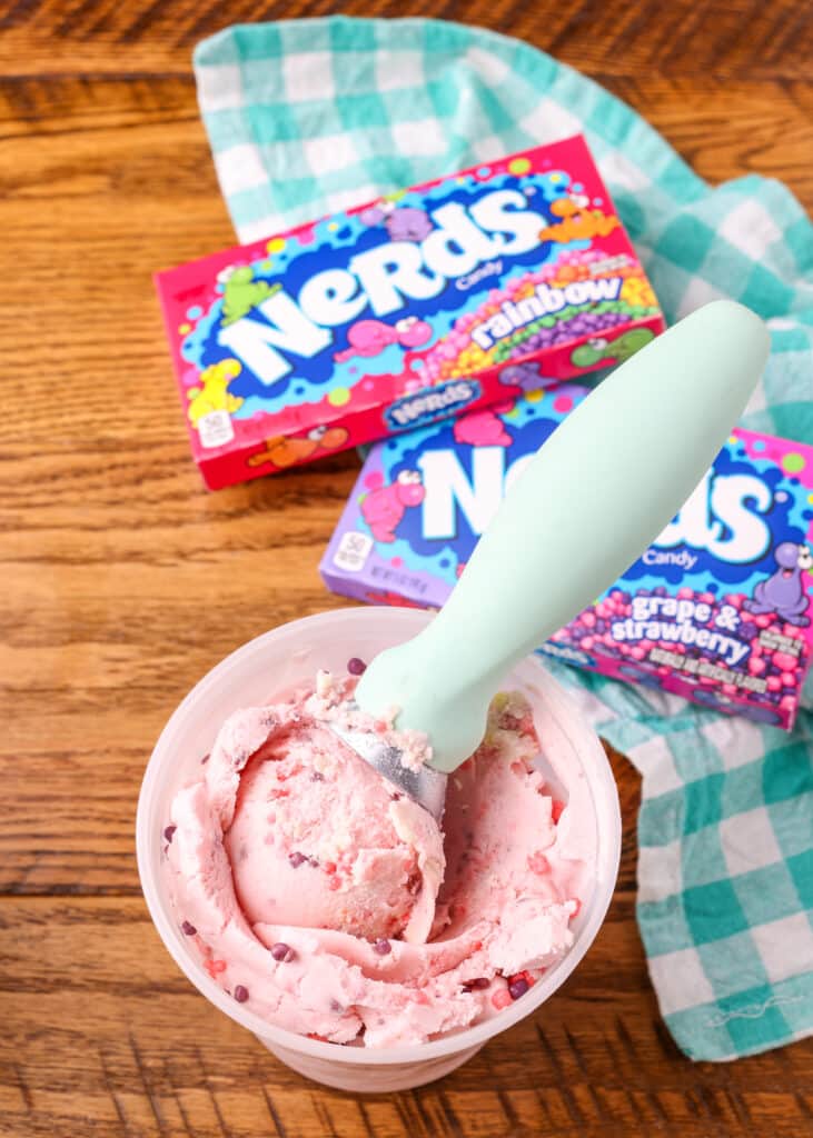 strawberry ice cream with nerds candy in it