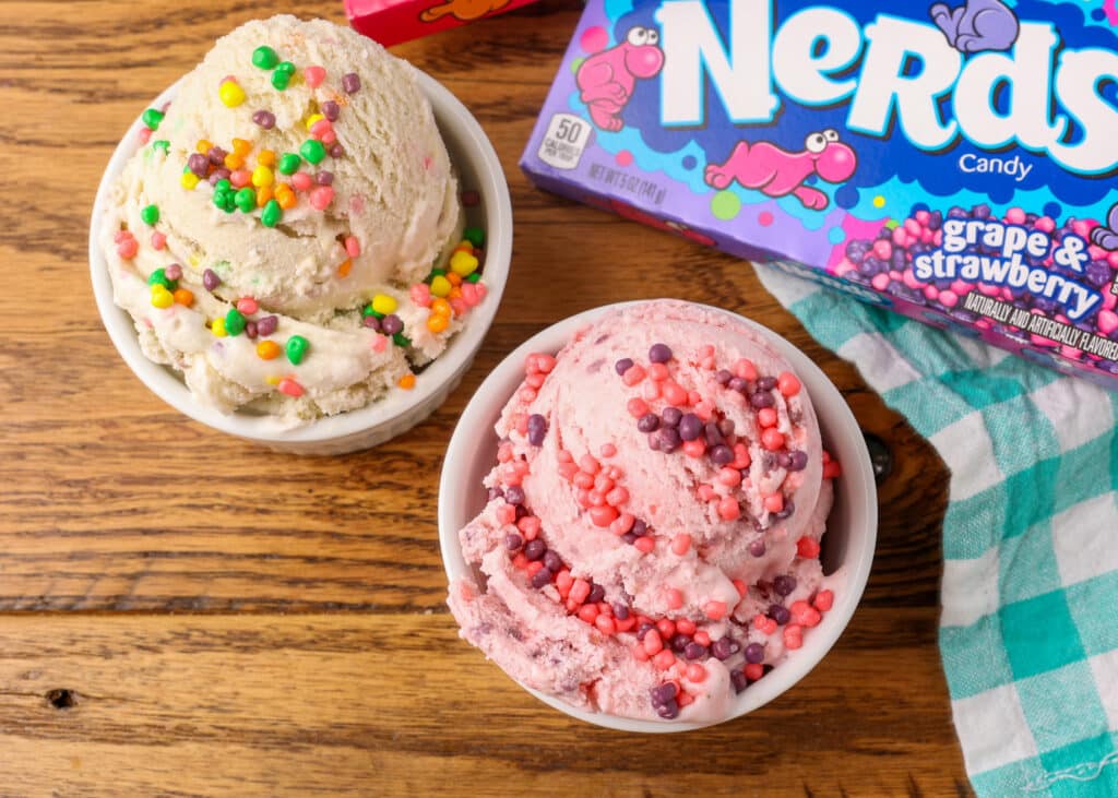 Nerds candy ice cream scooped into bowls