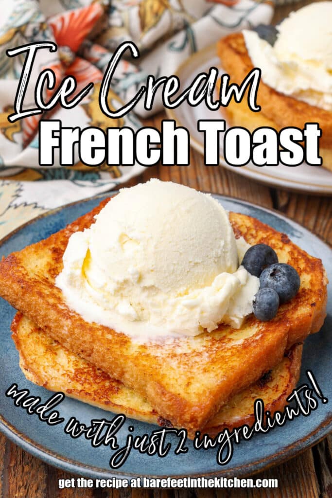 french toast topped with ice cream on blue plate