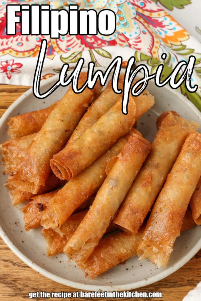 close up of lumpia on plate with text overlay