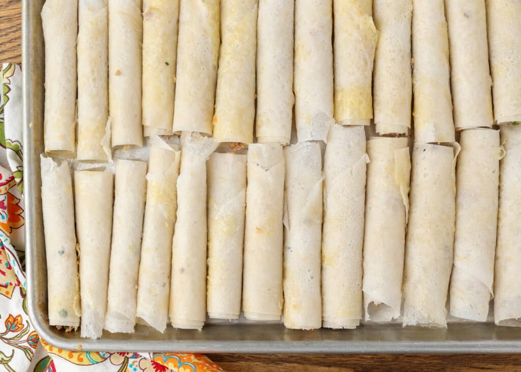 rolled lumpia waiting on tray