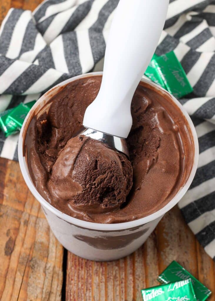 ice cream container with white scoop holding a portion of ice cream