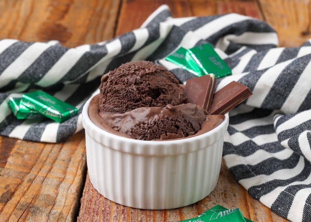 chocolate mint ice cream with Andes mints in small white bowl