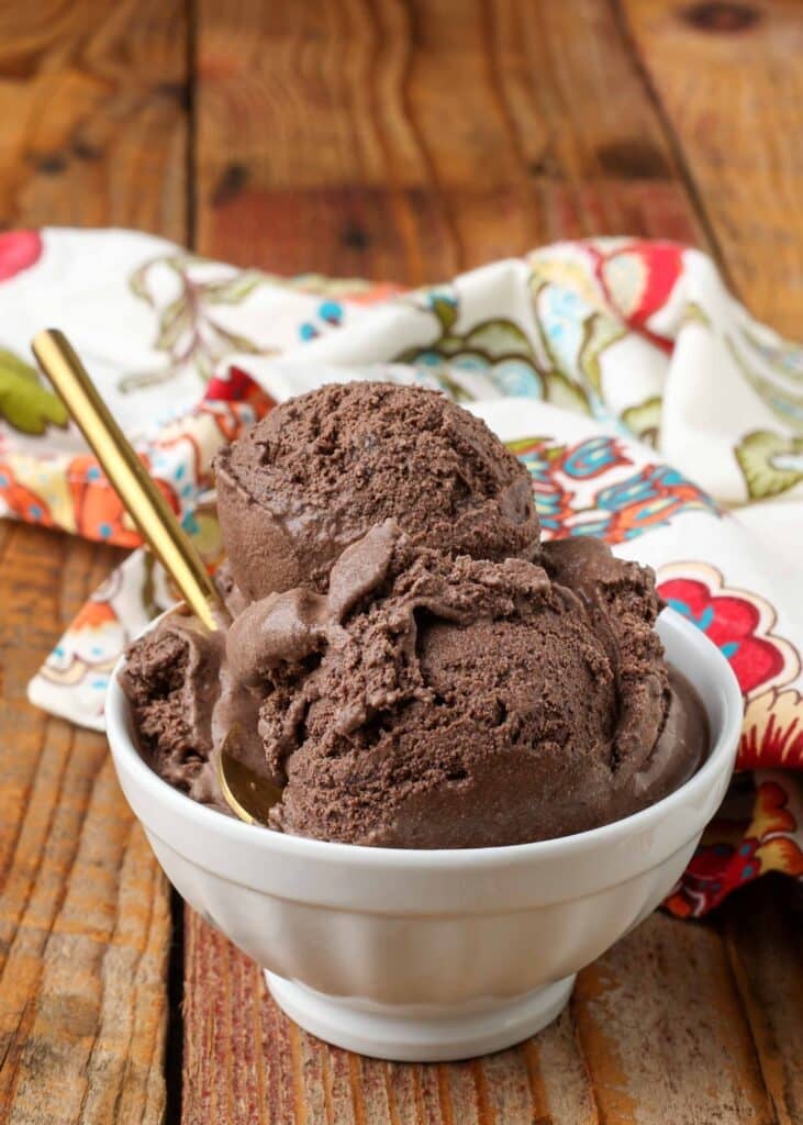 small white bowl with scoops of chocolate ice cream and a gold spoon