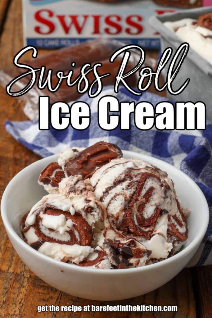 white bowl holding scoops of ice cream with Little Debbie Swiss Rolls