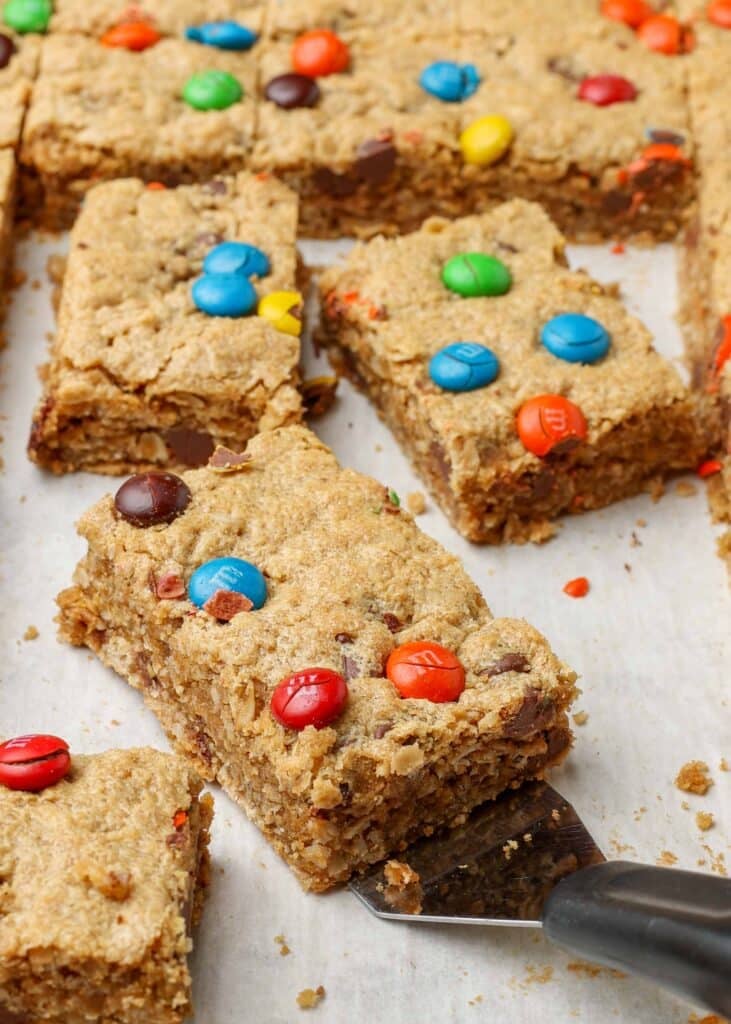 cookie bars on tray with m&ms