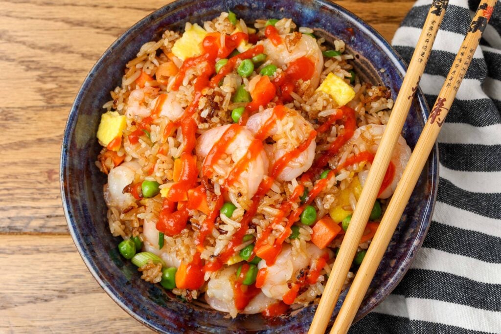 close up horizontal photo of fried rice with shrimp