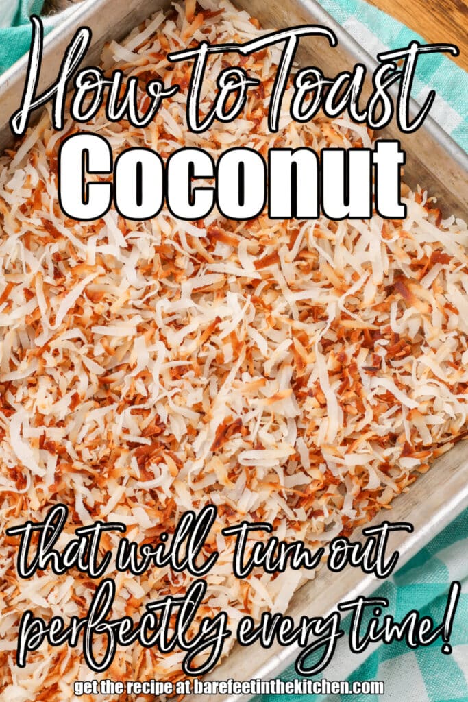 close up of toasted coconut with text overlay