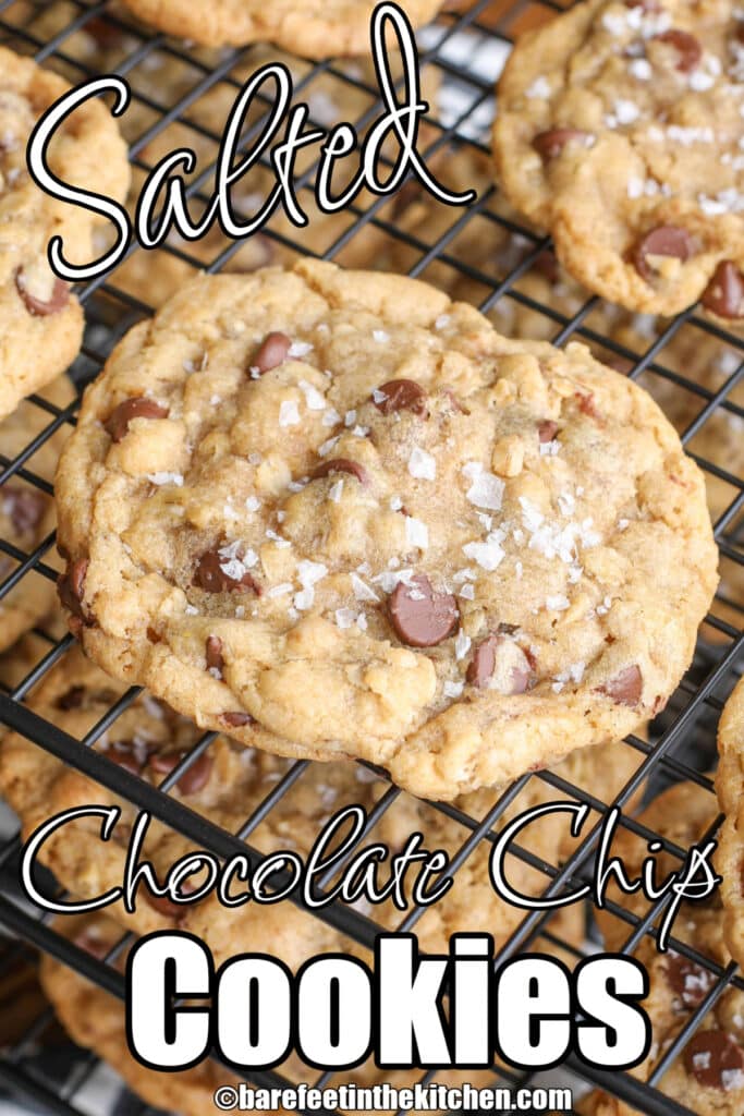 salted chocolate chip cookies on cooling rack