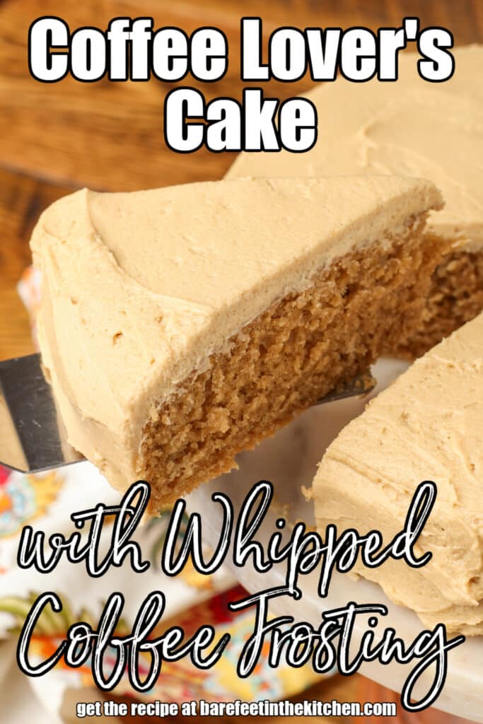coffee cake with coffee frosting on a plate with a spatula