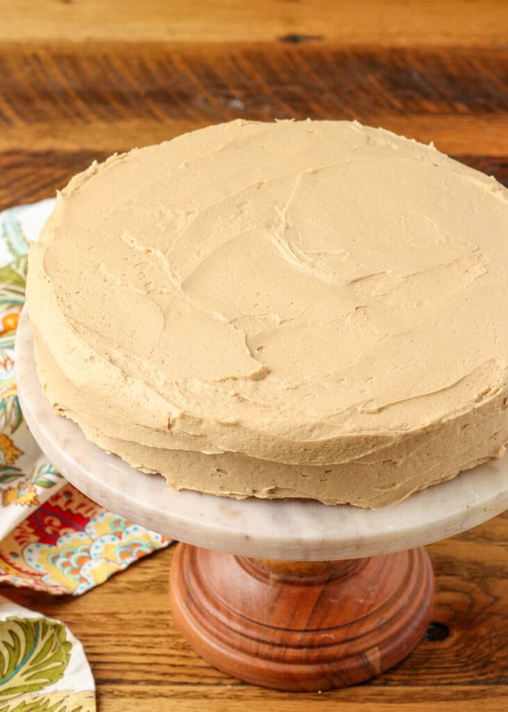 coffee cake with coffee frosting on a plate