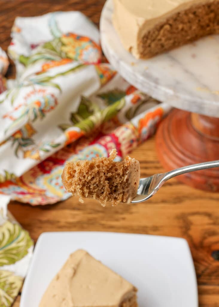coffee cake with coffee frosting on a fork