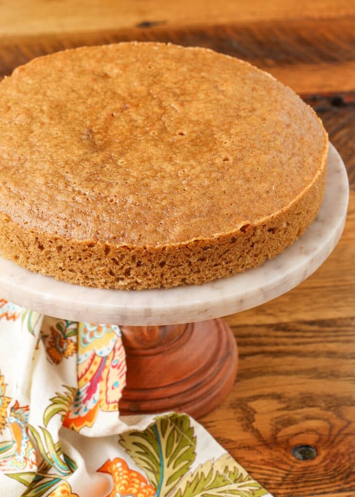 coffee flavored cake on a cake stand waiting for coffee frosting