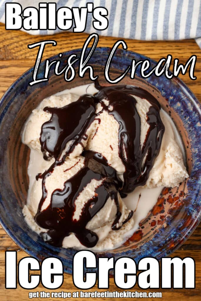 Homemade Bailey's ice cream with chocolate sauce in a blue pottery bowl with a blue and white striped linen and text overlay describing photo
