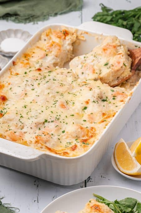 A lasagna made with seafood.
