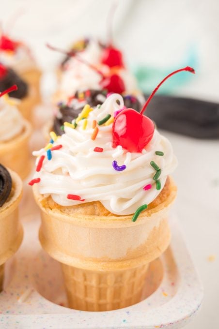 Cupcakes inside ice cream cones.