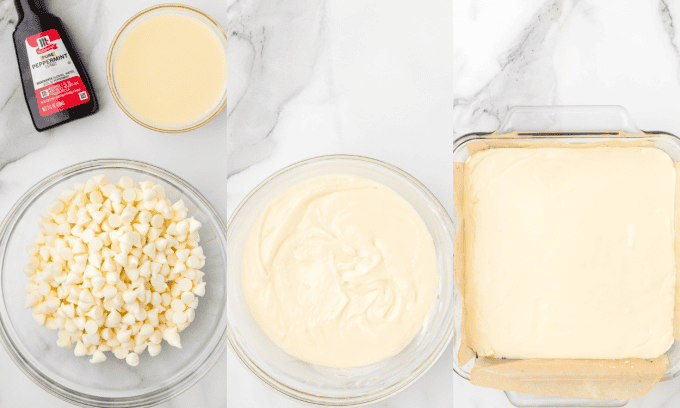 Second set of process photos for Peppermint Bark Fudge.