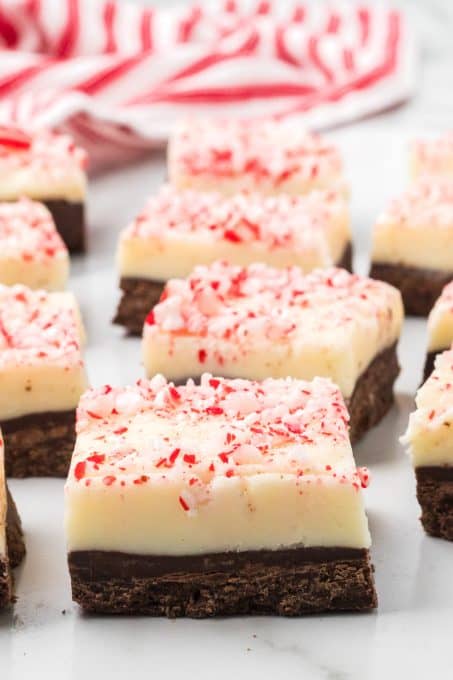Crushed candy canes on top of Christmas fudge.