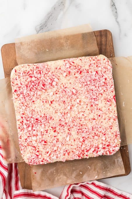 A holiday fudge topped with crushed candy canes.