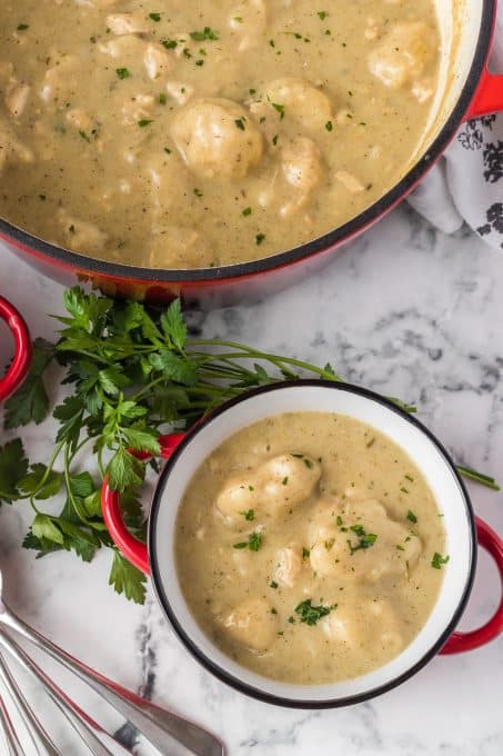 Dumplings made from scratch in homemade chicken soup.