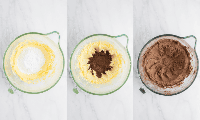 Process photos for Chocolate Buttercream to top the Buttermilk Chocolate Cake.