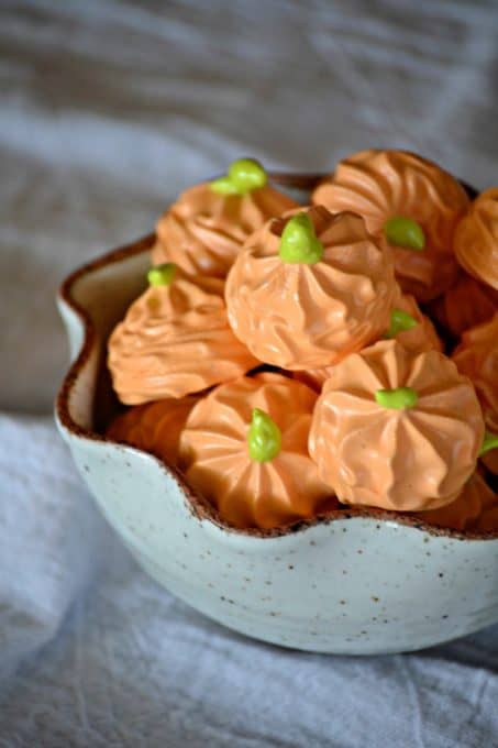 Pumpkin Spice Meringue Pumpkins - flavored with the great taste of Fall, this colorful treat will please both kids and adults. They’ll be the perfect addition to your Halloween or Thanksgiving dessert tables!