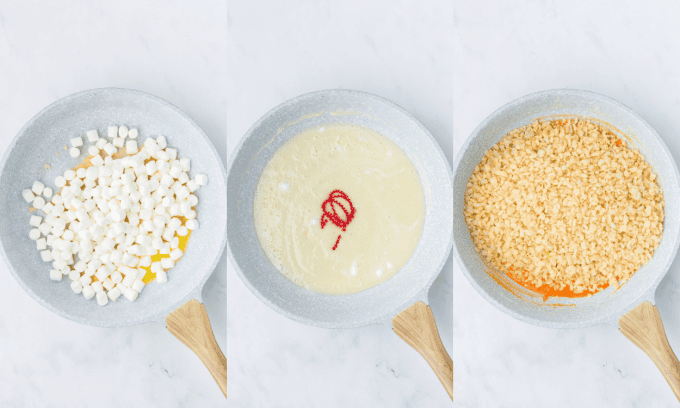 First set of process photos for Halloween Pumpkin Rice Krispie Treats.