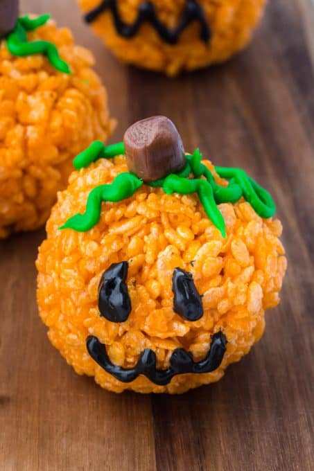 A pumpkin treat made out of rice cereal.