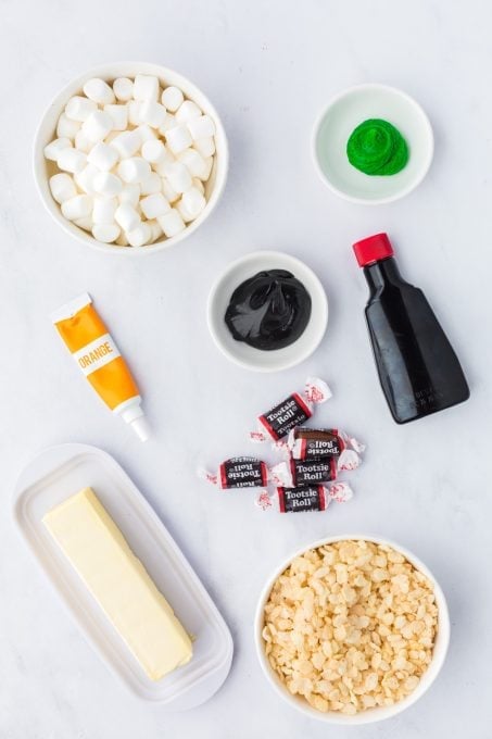 Ingredients for Halloween Pumpkin Rice Krispie Treats.
