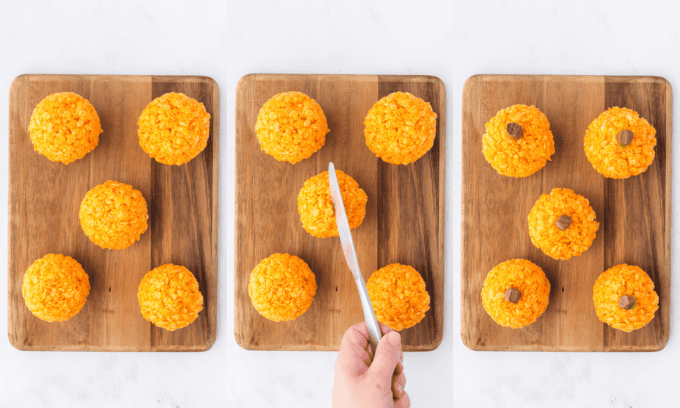 Second set of process photos for Halloween Pumpkin Rice Krispie Treats.