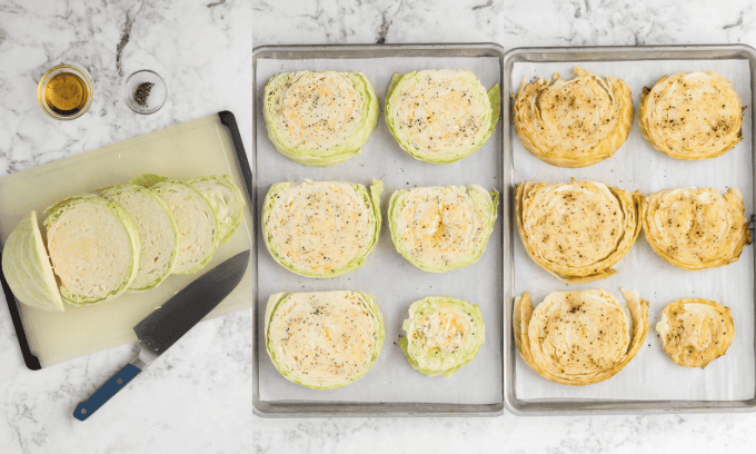 3 photos displaying the process of making Roasted Cabbage Steaks.