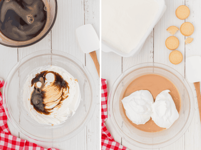 Two photos showing the process of making a creamy root beer layer for a dream bar dessert.