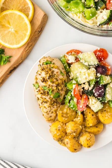 Chicken baked in a lemon sauce with fresh herbs.