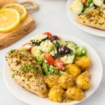 Chicken breasts baked in a Greek lemon sauce.
