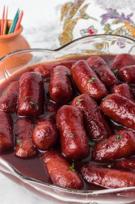 Small smoked sausages in a bowl.