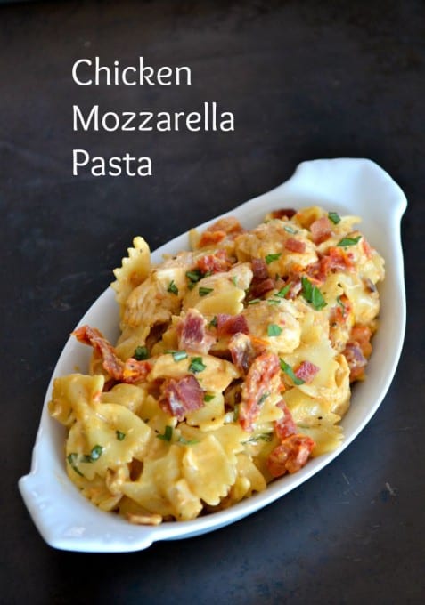 Farfalle pasta tossed with some seasoned cooked chicken tenders, sundried tomatoes and bacon in a creamy mozzarella sauce.