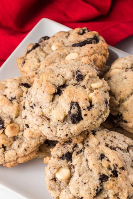Cookies made with chopped Oreos and white chocolate chips.