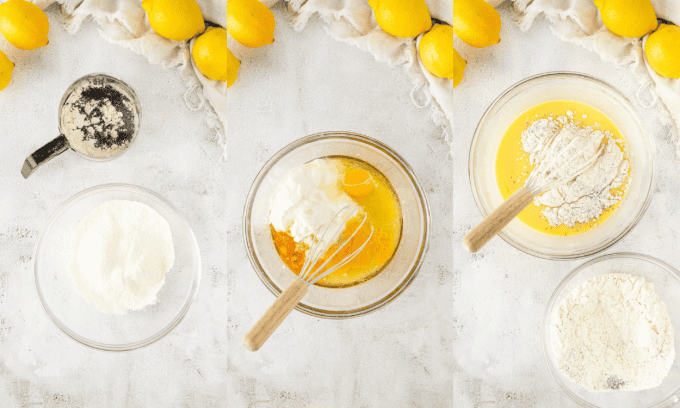 Process photos for making lemon cake batter with poppy seeds.