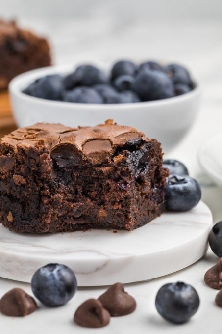 Brownies bursting with fresh blueberries.