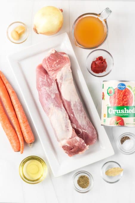 Ingredients for making a ragu from pork.