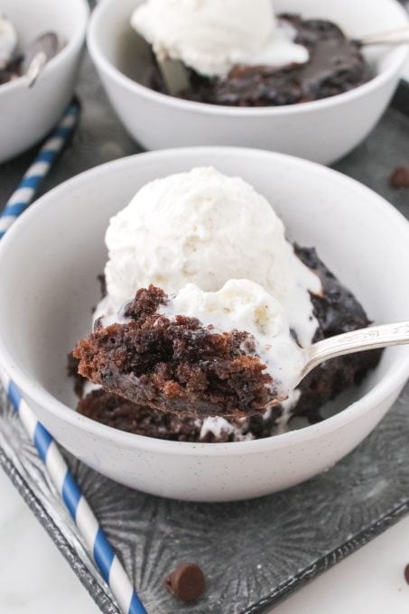 A bite of pudding cake made in the slow cooker.