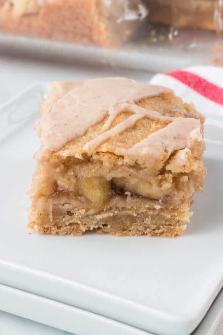 Apple pie filling in shortbread crust pie bars.