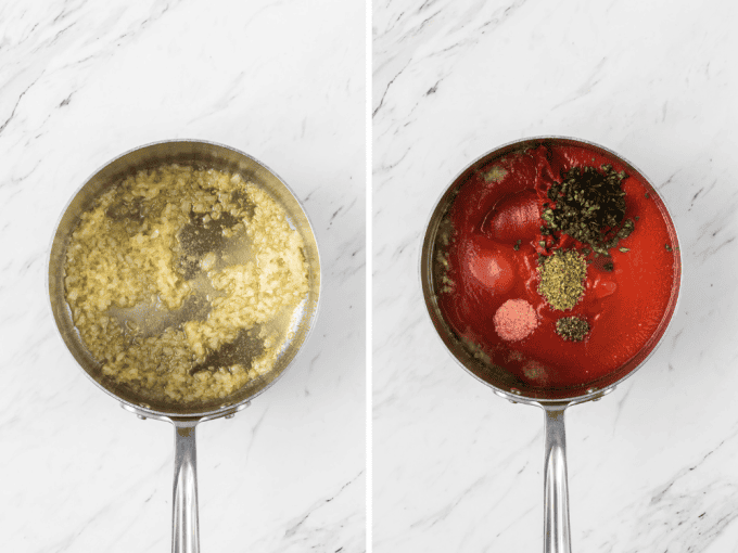 Process photos for making a homemade marinara sauce.