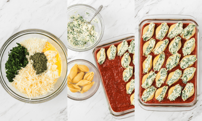 Process photos for making stuffed pasta shells with spinach and ricotta filling.