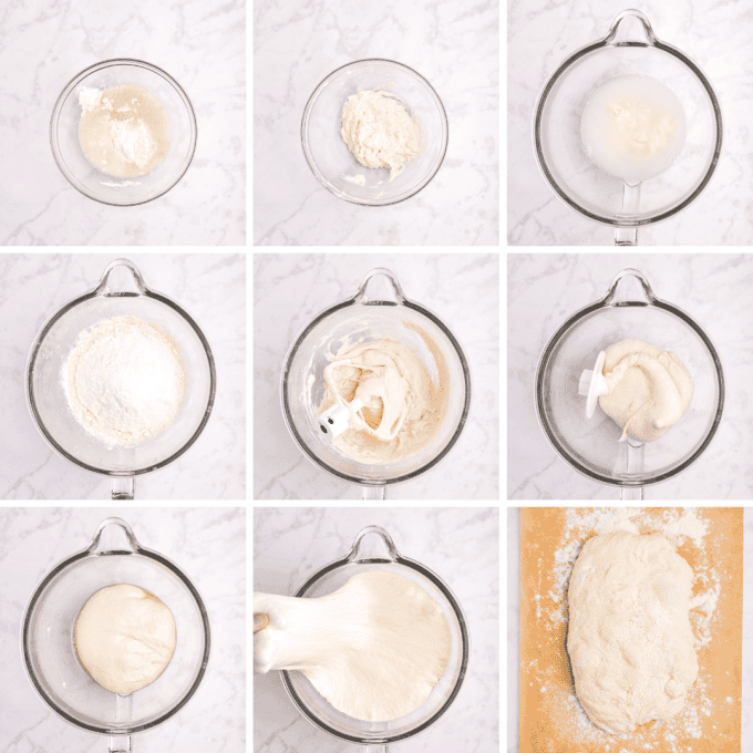 Process photos for making Ciabatta Bread dough.