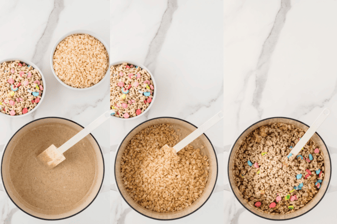 Second set of process photos for Lucky Charms Rice Krispie Treats.