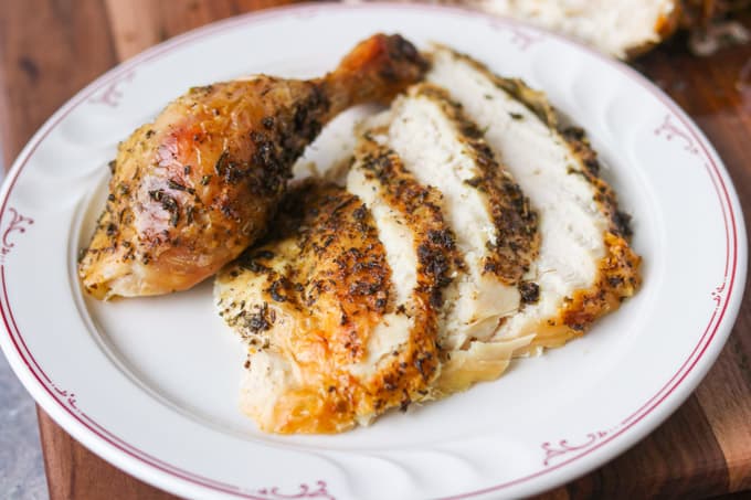 Roast chicken with lemon and herbs.