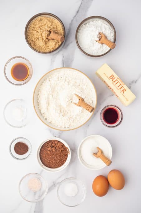 Ingredients for Red Velvet Crinkle Cookies.